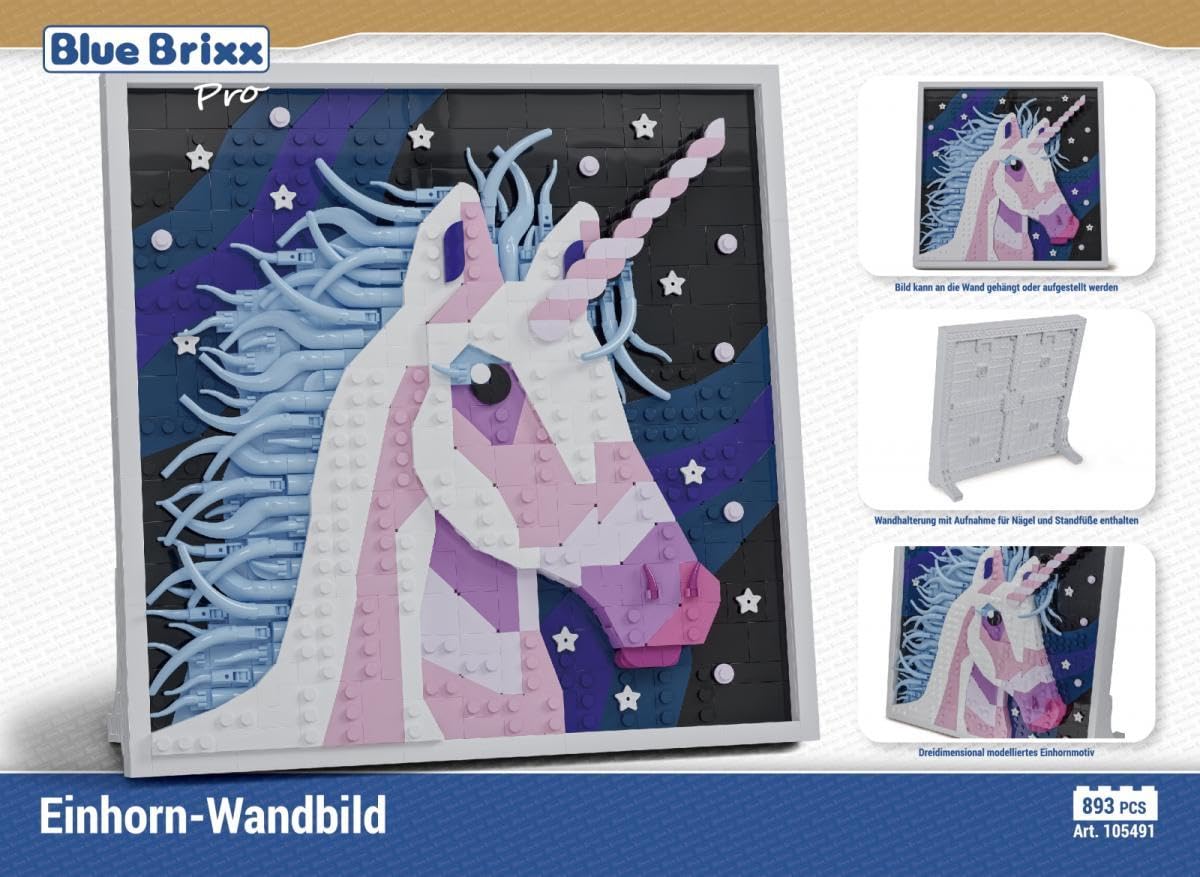 bluebrixx-pro-105491-einhorn-wandbild-klemmbaustein-set-893-teile image 2